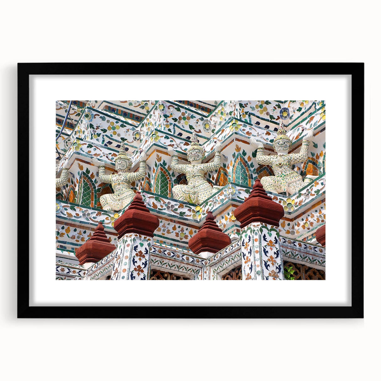 Extra large abstract art print depicting a colorful, textured Bangkok cityscape, in a black frame with mat.
