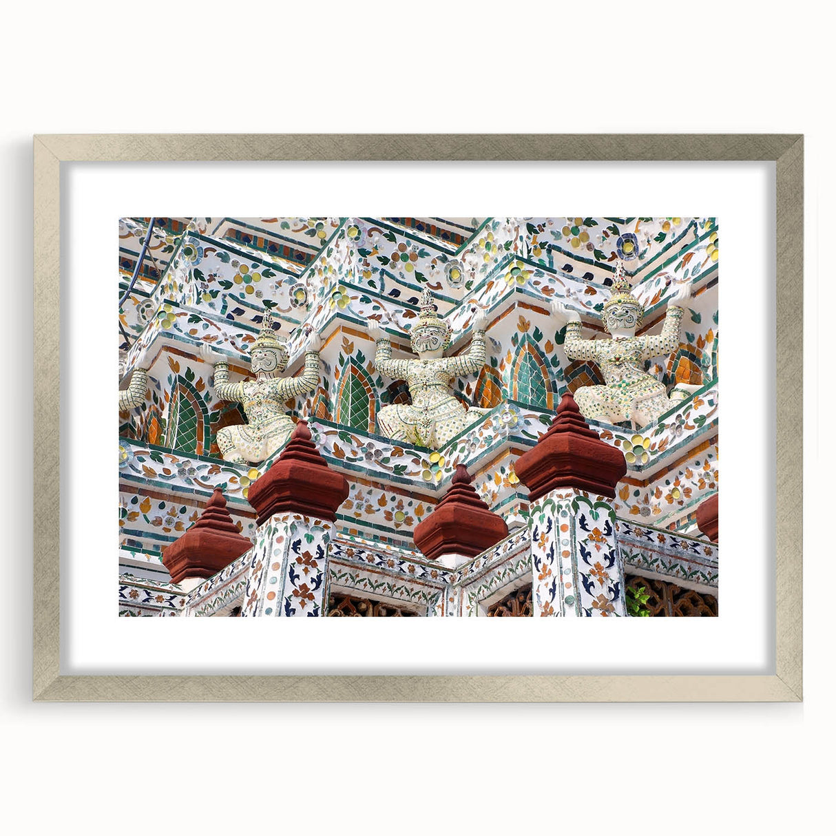 Textured art depicting an abstract Bangkok cityscape in muted silver and gray tones, framed with a silver mat.