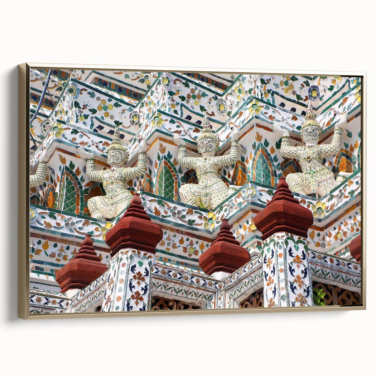 Framed canvas of Bangkok landscape with golden hues and black accents, ideal for bedroom wall decor.