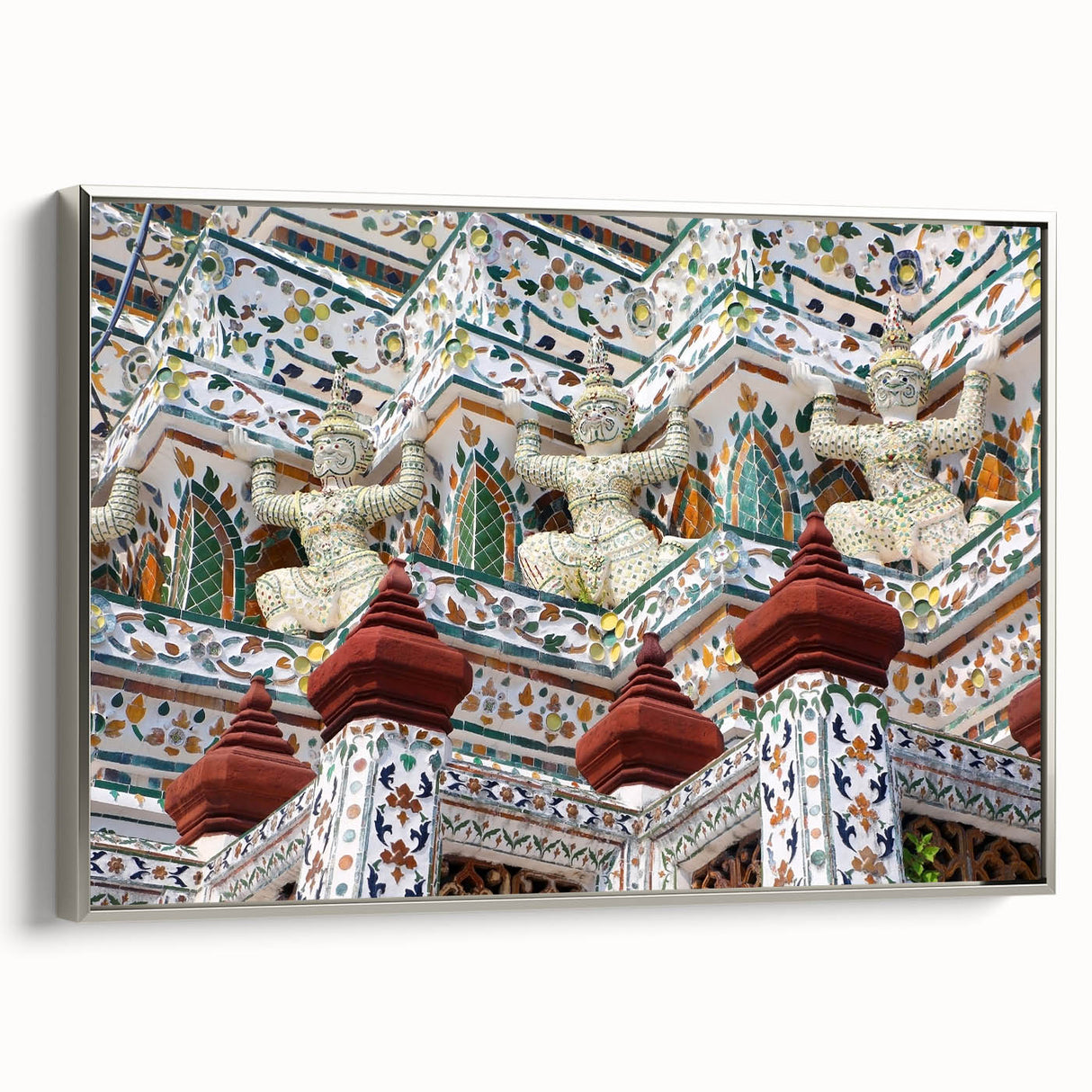 Framed canvas landscape art painting depicting a vibrant Bangkok city scene in a vintage poster style.
