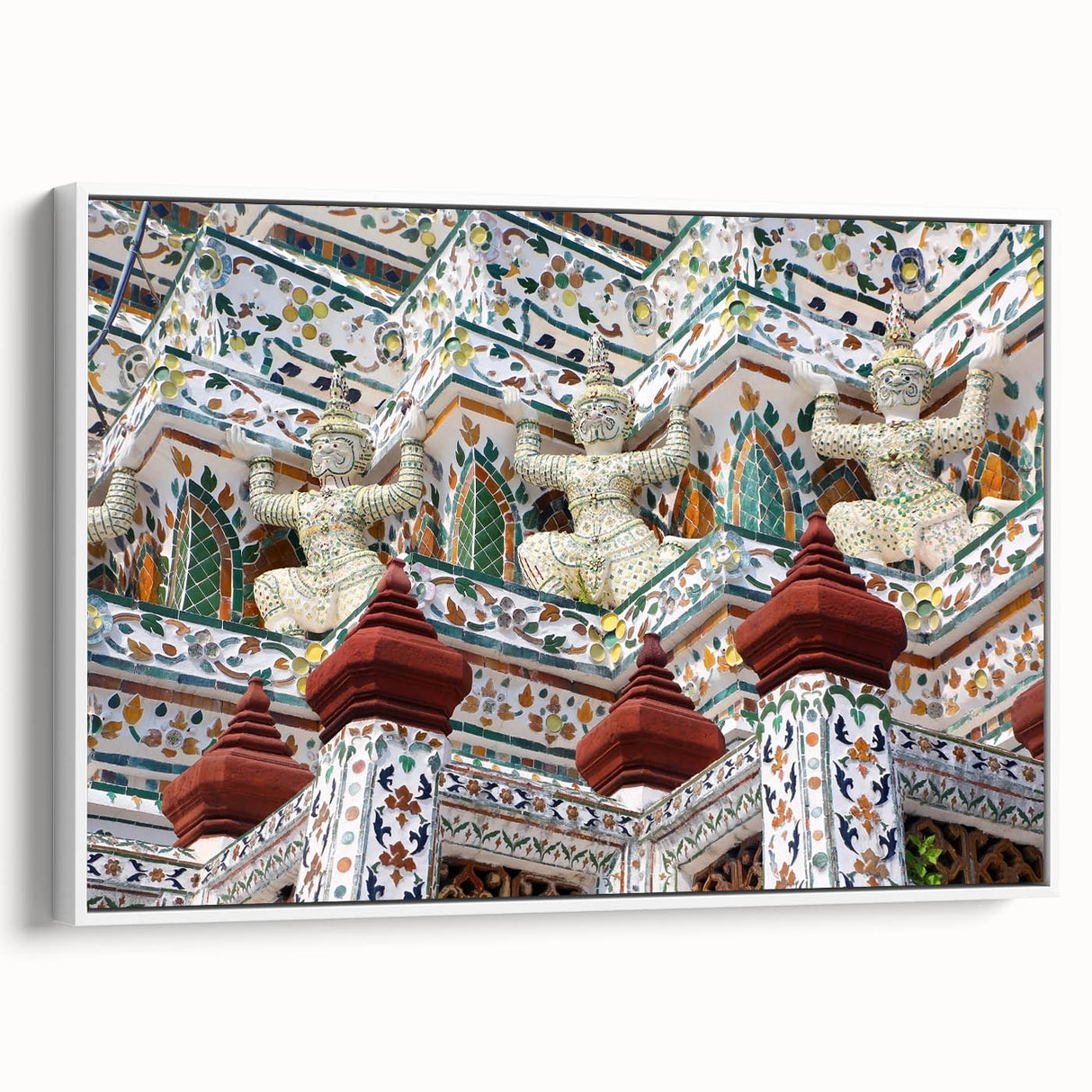 Vintage poster art of Bangkok skyline in colorful hues on extra large framed canvas, ideal for living room decor.