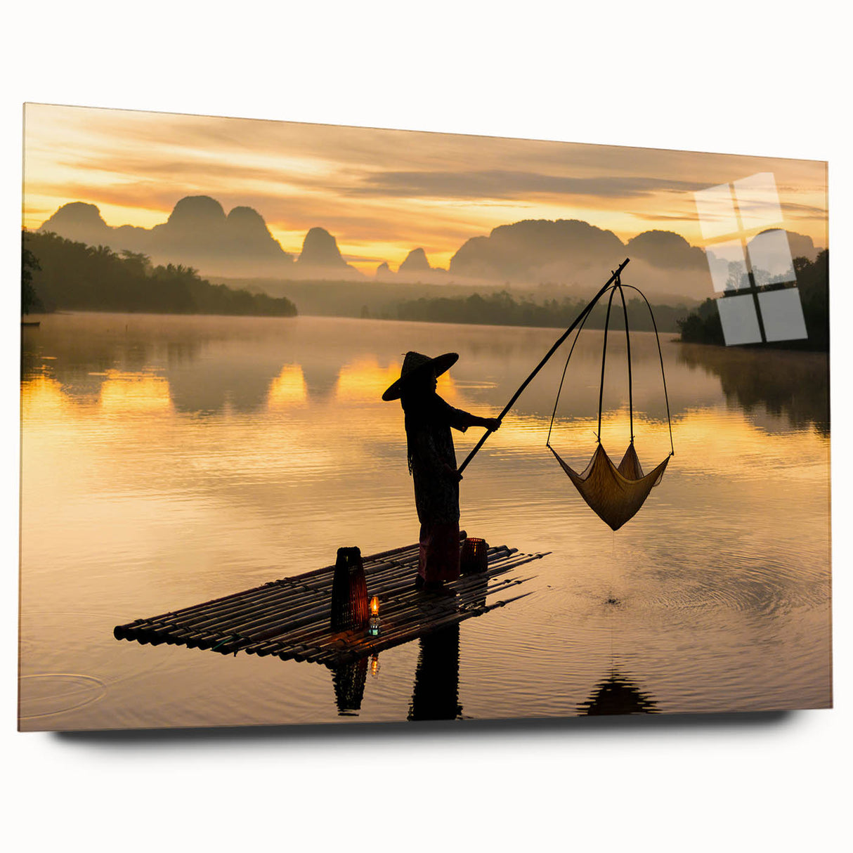 Large abstract wall art featuring a serene Thai landscape in muted green and blue tones, printed on acrylic glass.