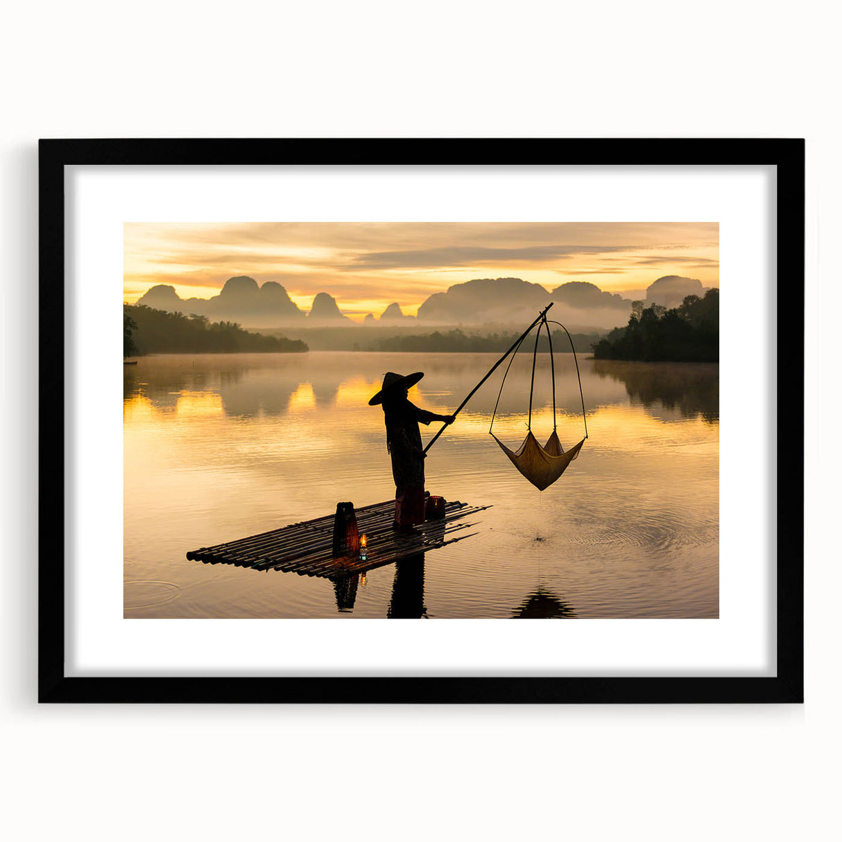 Extra large, textured abstract art print depicting a colorful, stylized Thai landscape on a framed black mat.