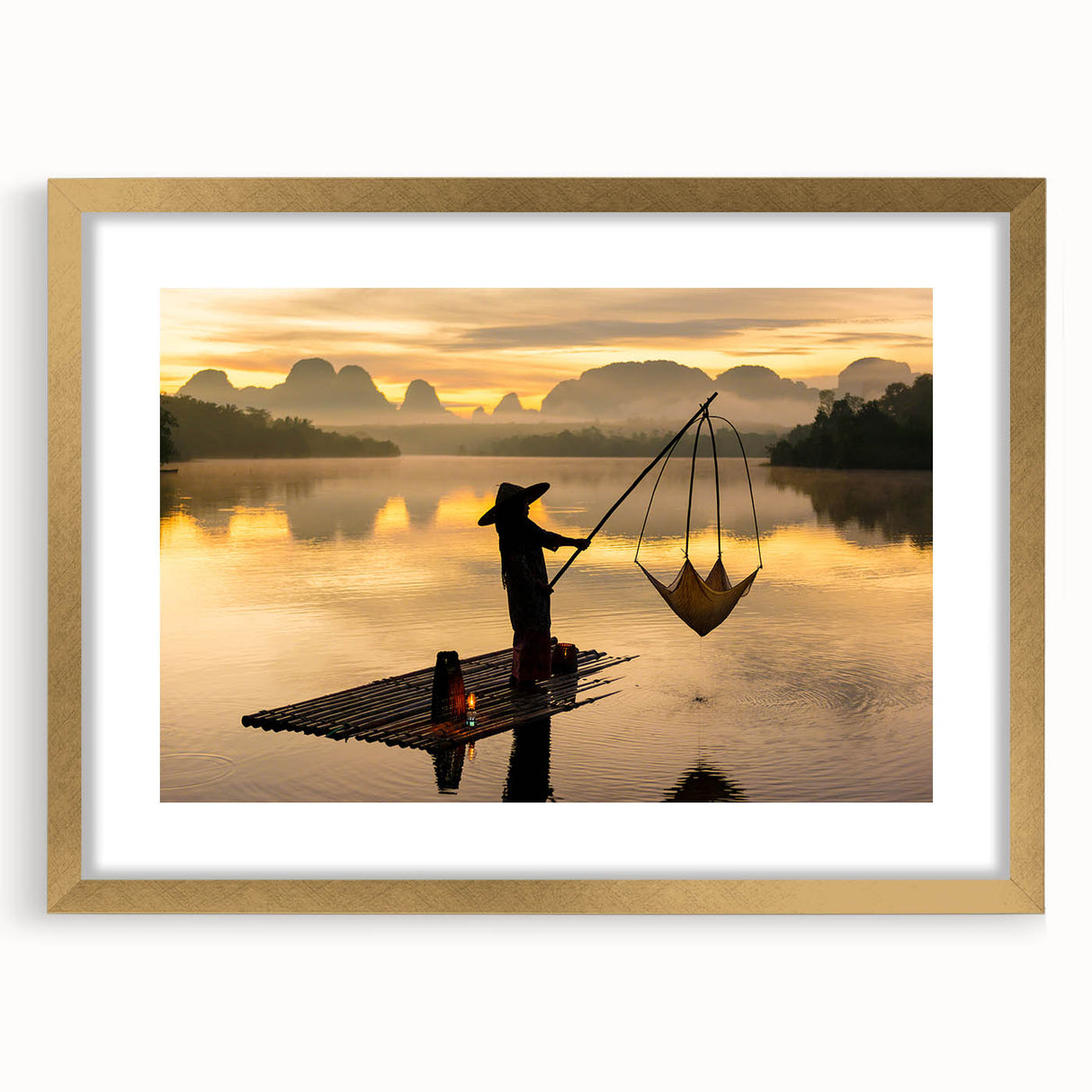 Extra large abstract art print depicting a textured scenery of Thailand in gold frame, suited for living room decor.