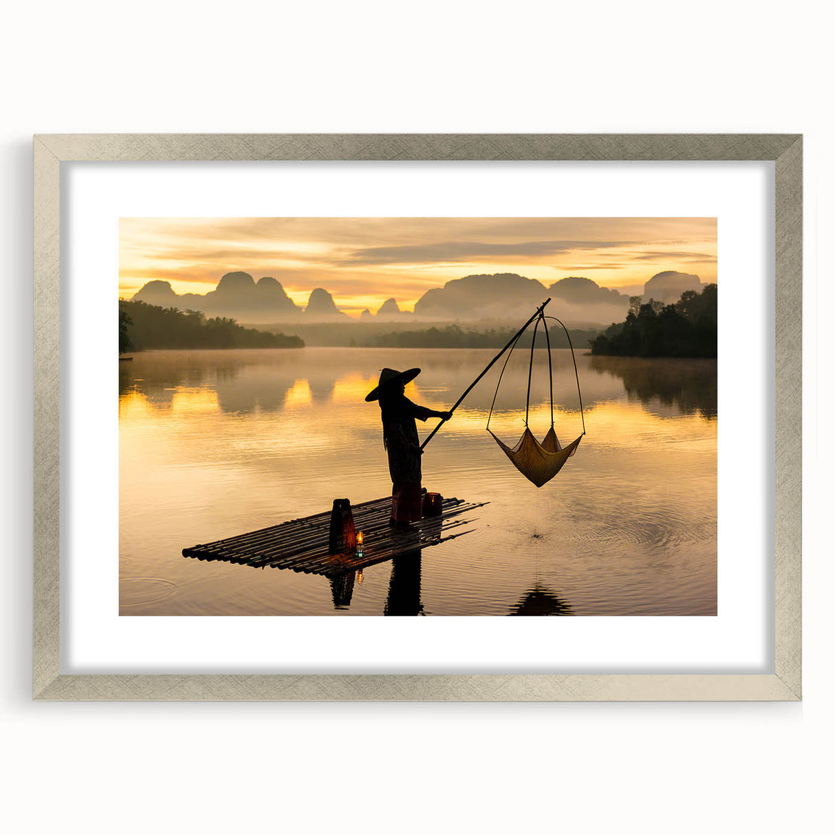 Textured art print of abstract scenery in Thailand with silver frame and mat, in muted earth tones, ideal for bedroom art.