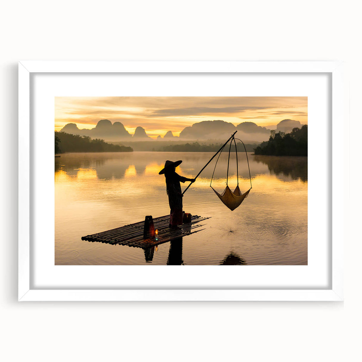 Abstract art print of a Thai landscape in muted earth tones on a framed white mat, ideal for dining room decor.