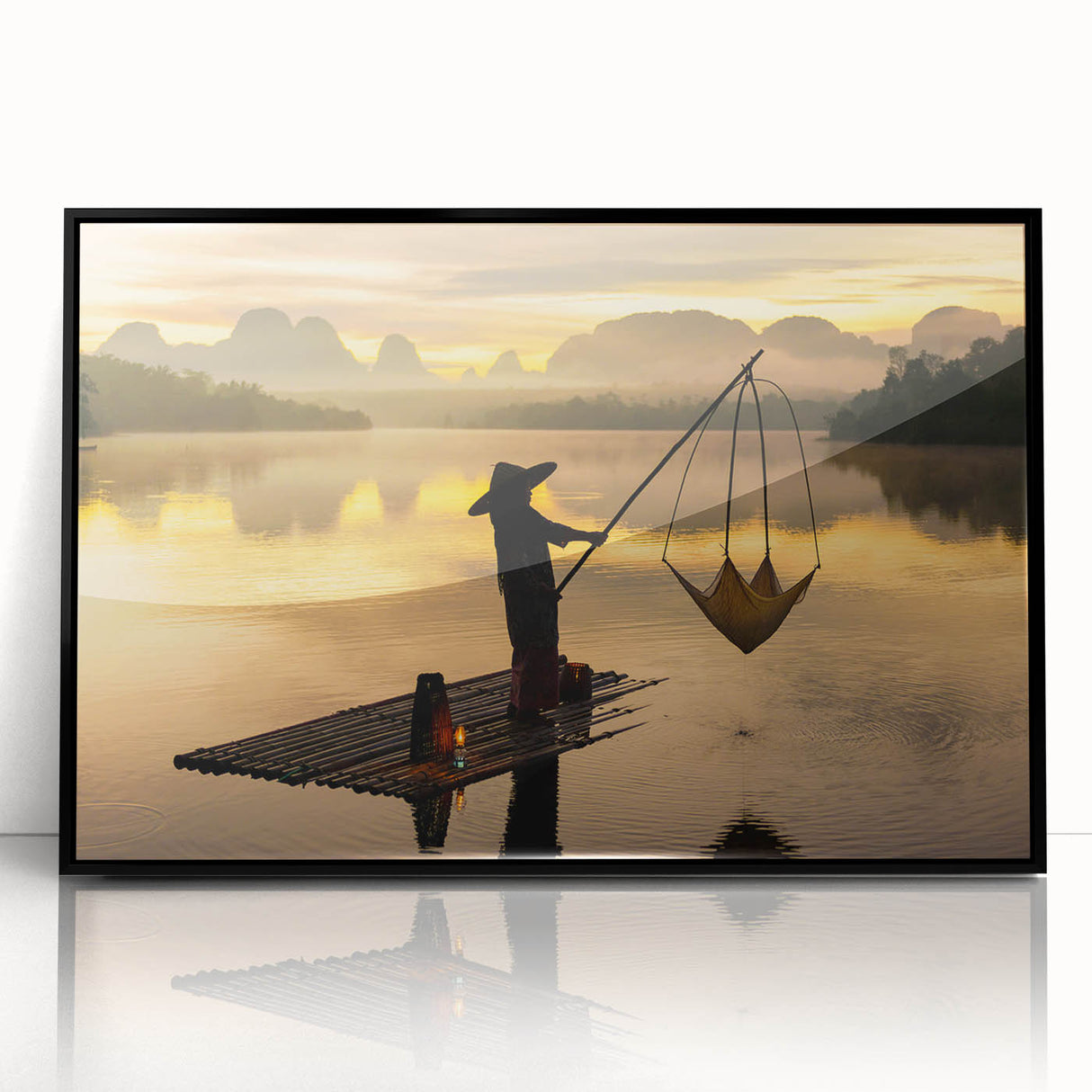 Large abstract wall art depicting a serene Thai landscape in muted greens and blues on a framed acrylic.