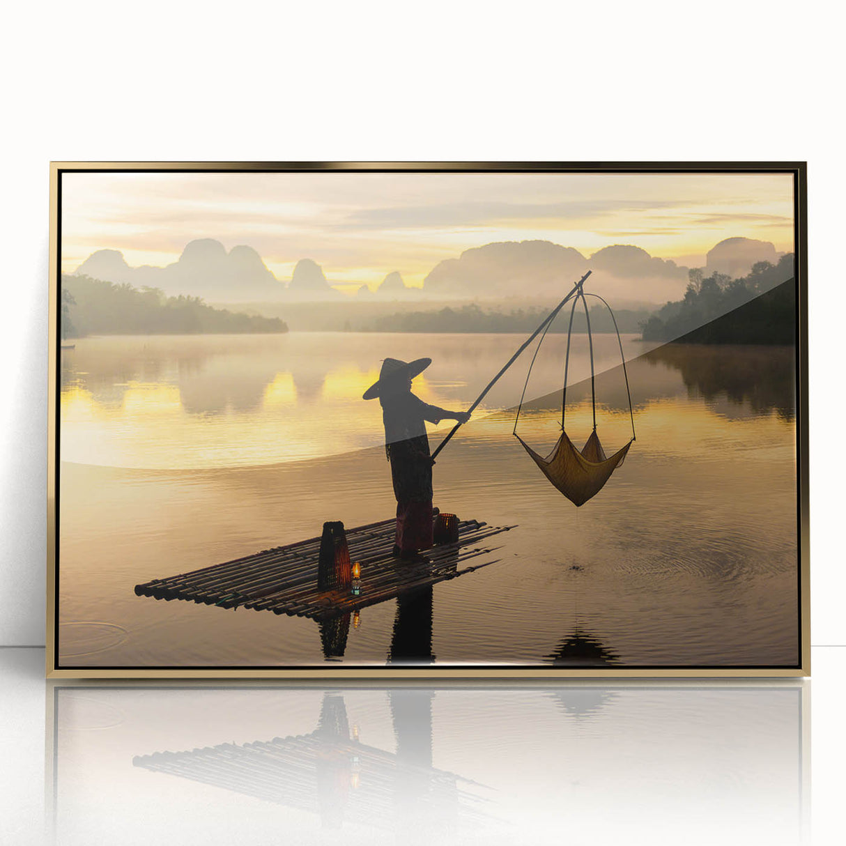 Acrylic print of a Thai landscape in gold and green hues, framed, ideal for modern art wall decor.