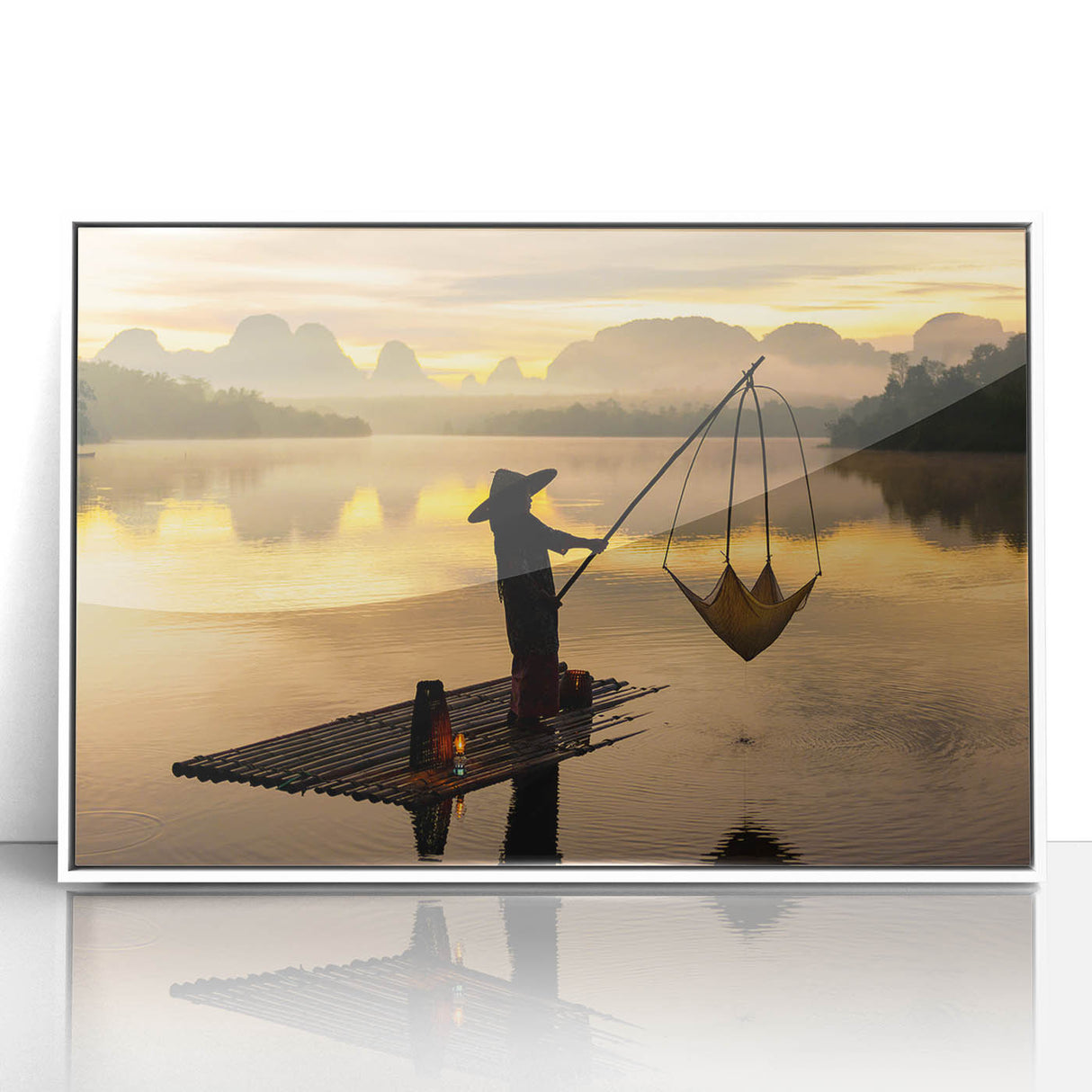Art deco poster featuring a serene Thai landscape in muted green and blue tones, framed acrylic, ideal for nursery wall art.