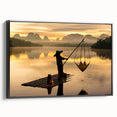 Black and white framed canvas featuring a vintage-style Thai landscape, ideal for bedroom wall decor.