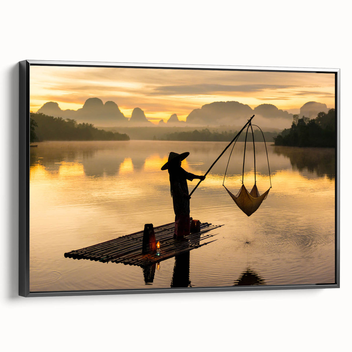 Black and white framed canvas featuring a vintage-style Thai landscape, ideal for bedroom wall decor.