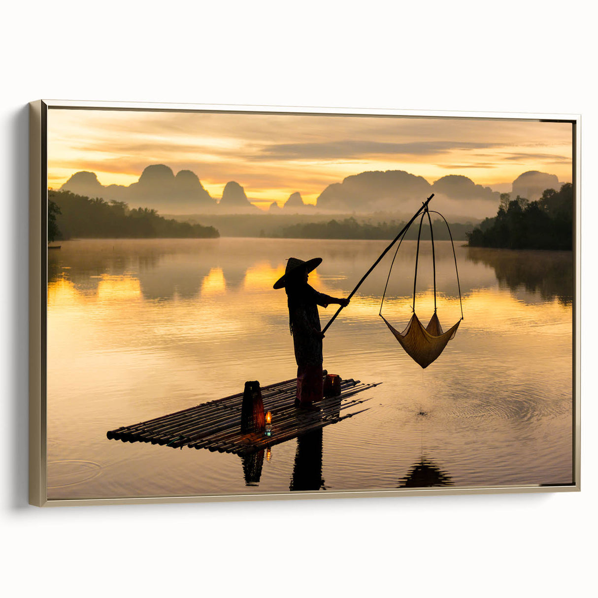 Framed canvas depicting a vintage-style landscape of a Thai scenery in gold and black, ideal for bedroom wall decor.