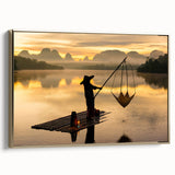 Framed canvas depicting a vintage-style landscape of a Thai scenery in gold and black, ideal for bedroom wall decor.