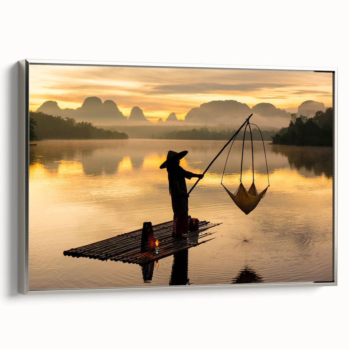 Landscape art painting of a Thai scenery on framed canvas, featuring vibrant colors with black accents.