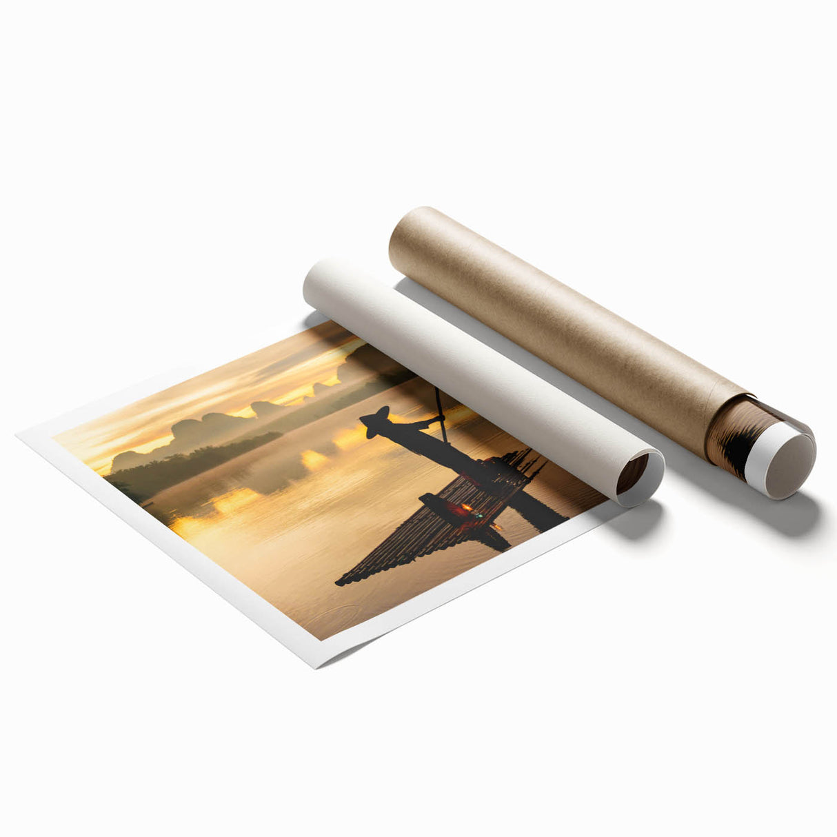 Extra large rolled canvas print featuring a serene Thai landscape with lush florals in muted green and blue tones.