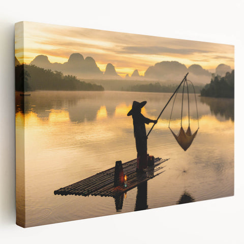 Landscape painting of a serene Thai countryside on stretched canvas, featuring lush greenery and a calm river.
