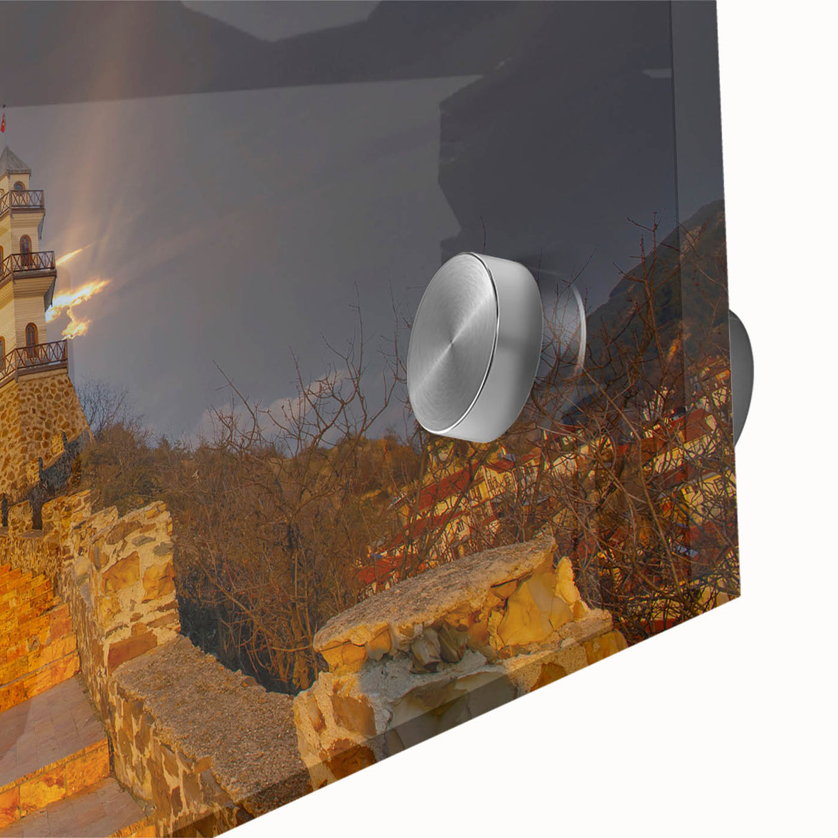 Large abstract wall art featuring a mid-century modernist design of a Turkish landscape in muted earth tones.