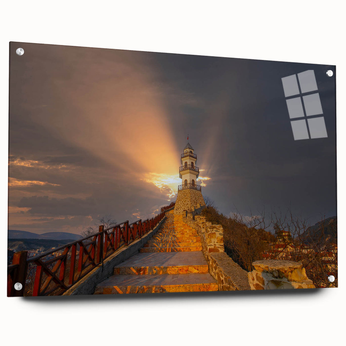 Large abstract wall art depicting a Turkish landscape in muted earth tones on acrylic glass, ideal for dining room decor.