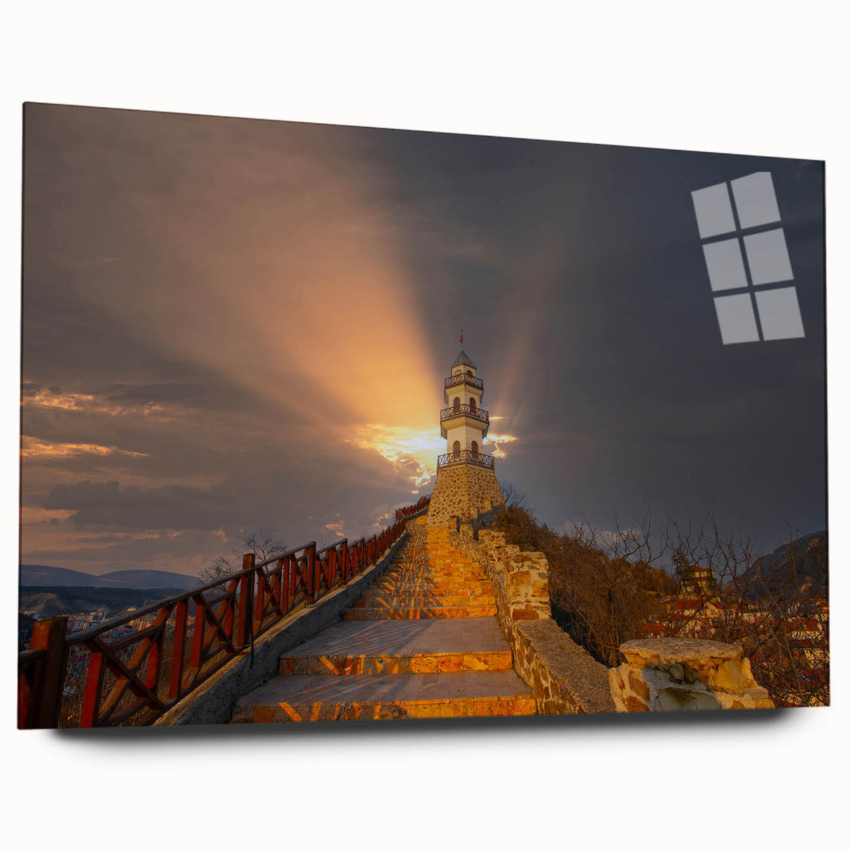 Large abstract wall art depicting a serene Turkish landscape in muted earth tones on acrylic glass.