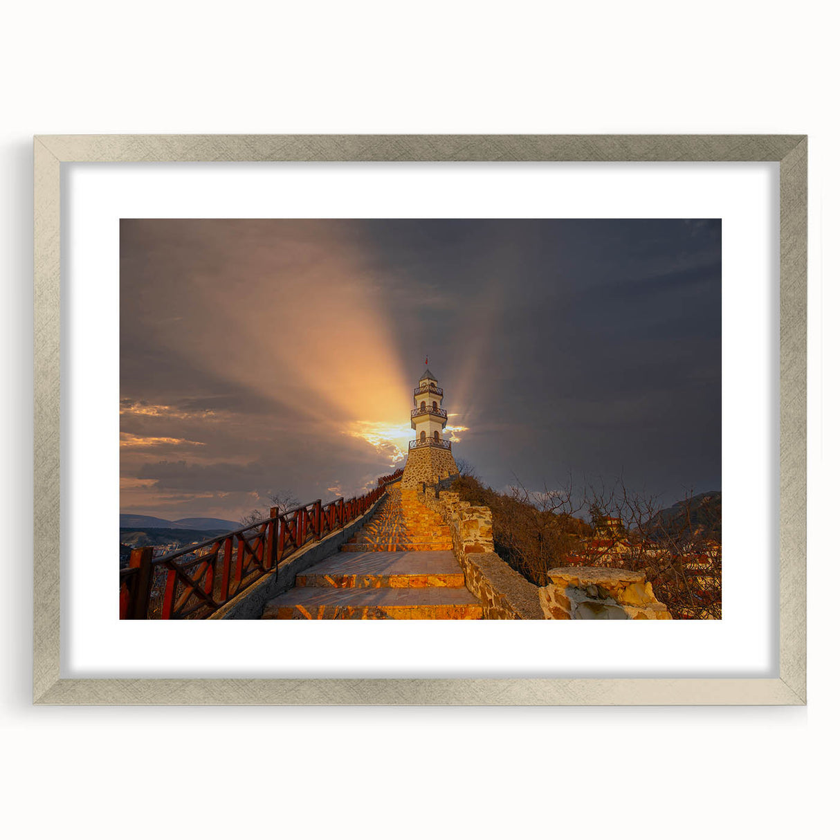 Textured abstract art print of a Turkish landscape in muted earth tones, framed in silver, suitable for bedroom decor.