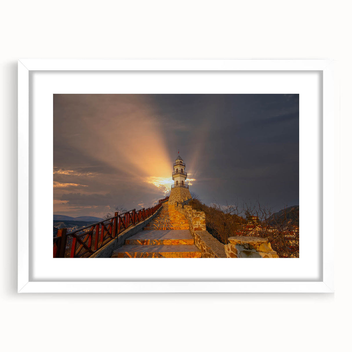 Abstract art print of a serene Turkish landscape in soft pastel shades on a framed white mat.
