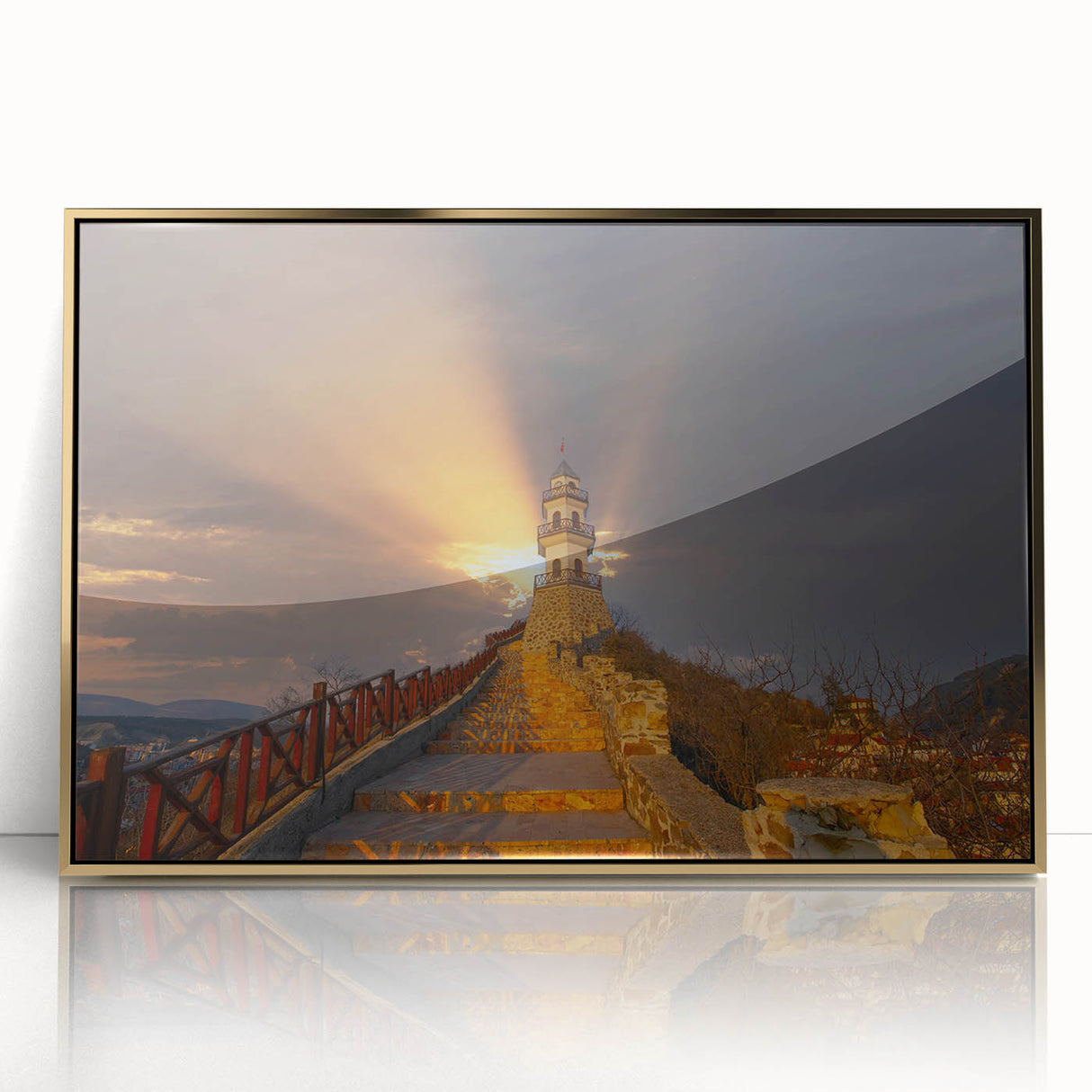 Large framed acrylic print of a Turkish landscape in gold and earth tones, ideal for modern art wall decor.