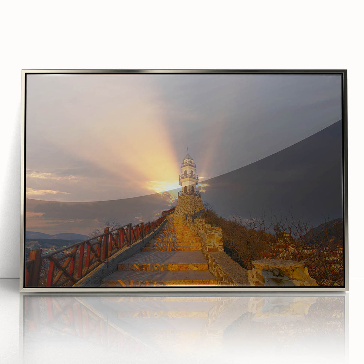 Mid-century modernist art depicting a serene Turkish landscape in muted earth tones on a framed acrylic print.