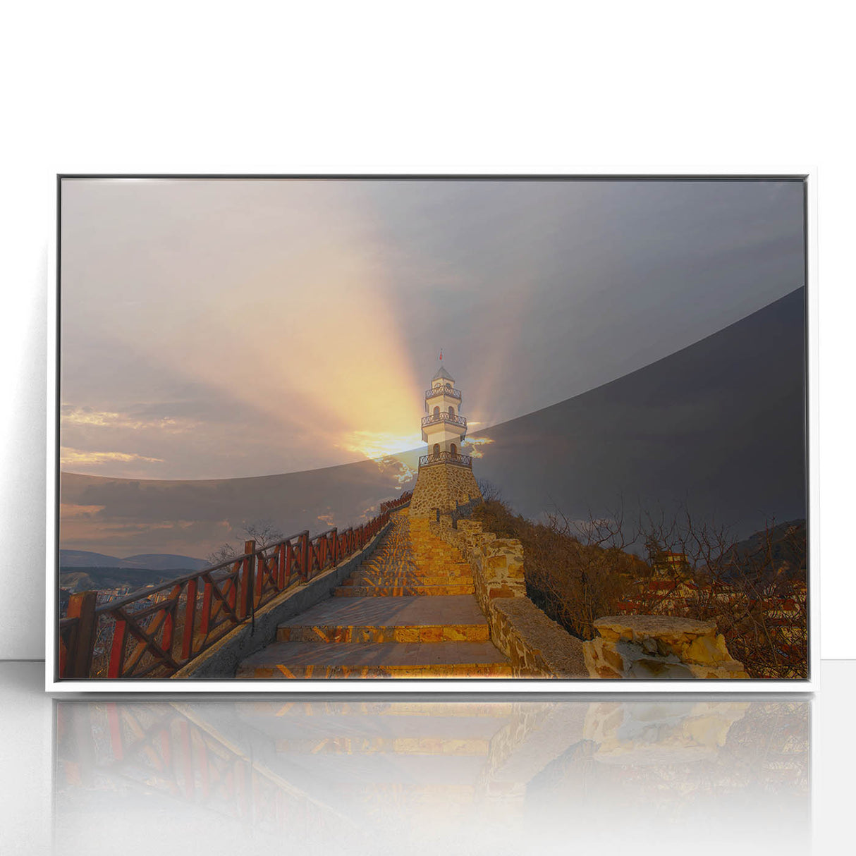Art deco poster of a Turkish landscape in muted earth tones on framed acrylic, suitable for modern art wall decor.