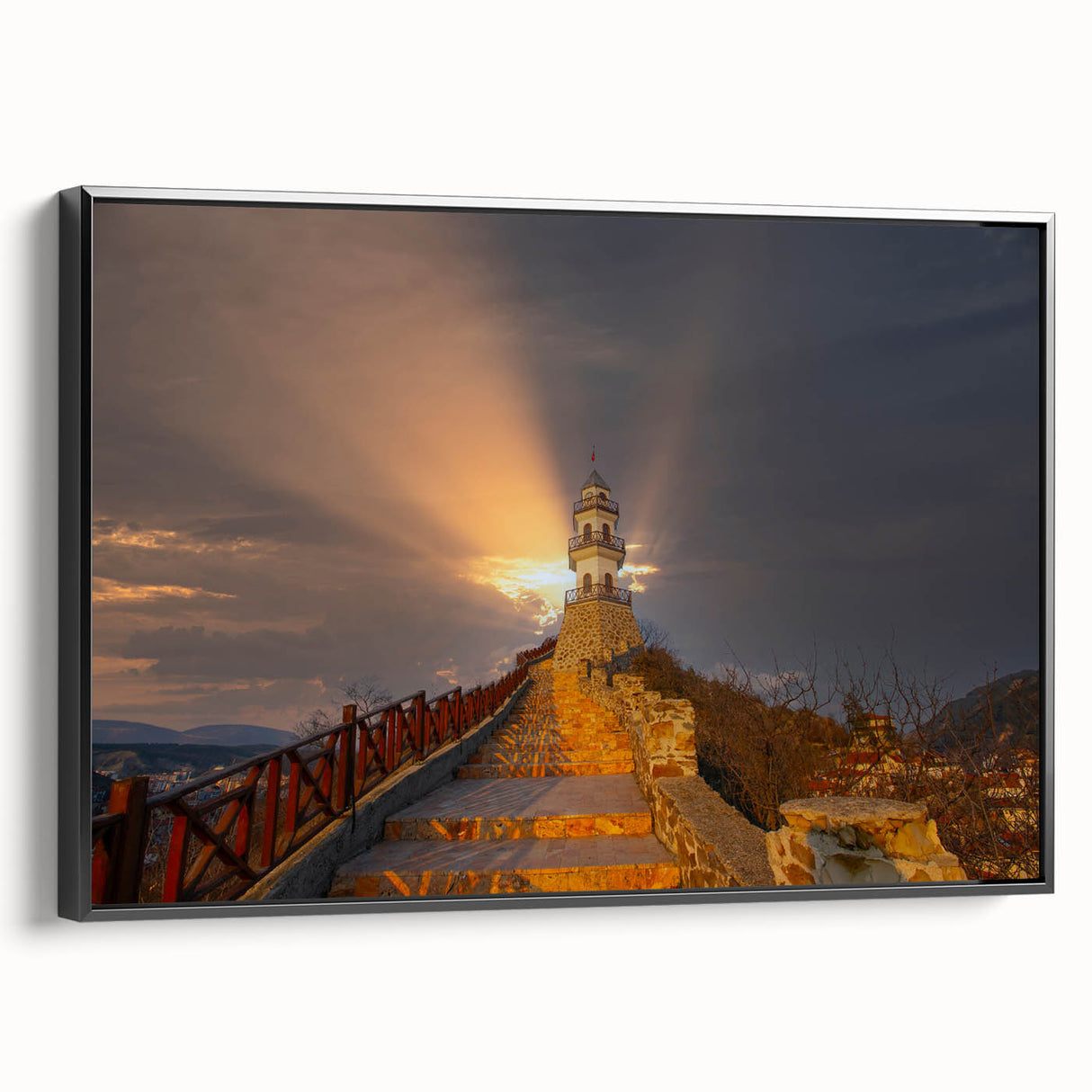Black and white framed canvas depicting a vintage landscape of a Turkish scene, suited for bedroom wall art.
