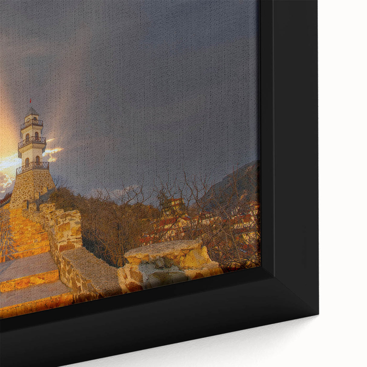 Close-up of extra large black wall art featuring a textured, colorful Turkish scenery on framed canvas.