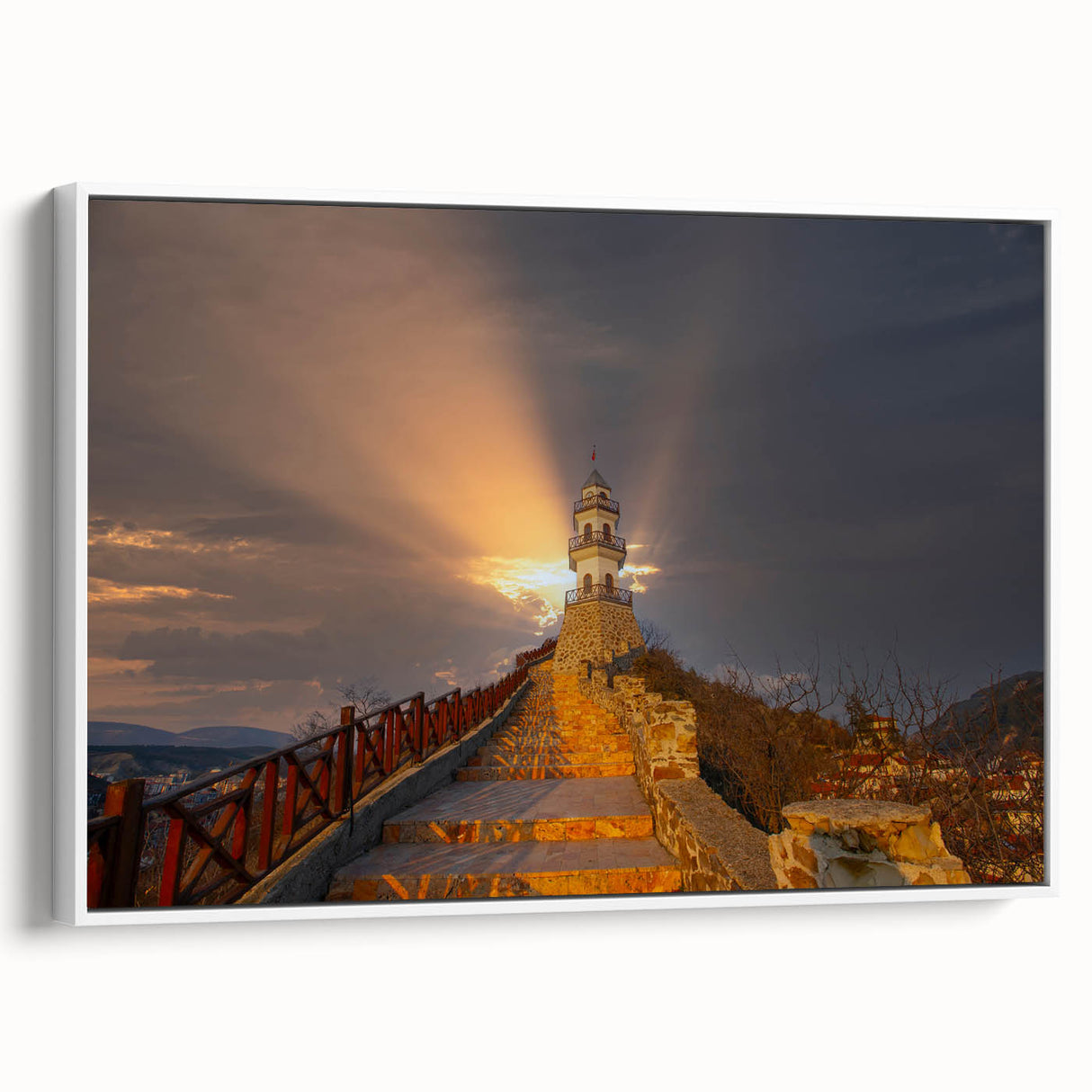 Vintage poster art of a Turkish landscape on a framed canvas, featuring vibrant colors ideal for living room decor.
