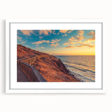 Extra large abstract art print of Adelaide scenery in textured style, with muted earth tones on a framed white mat.