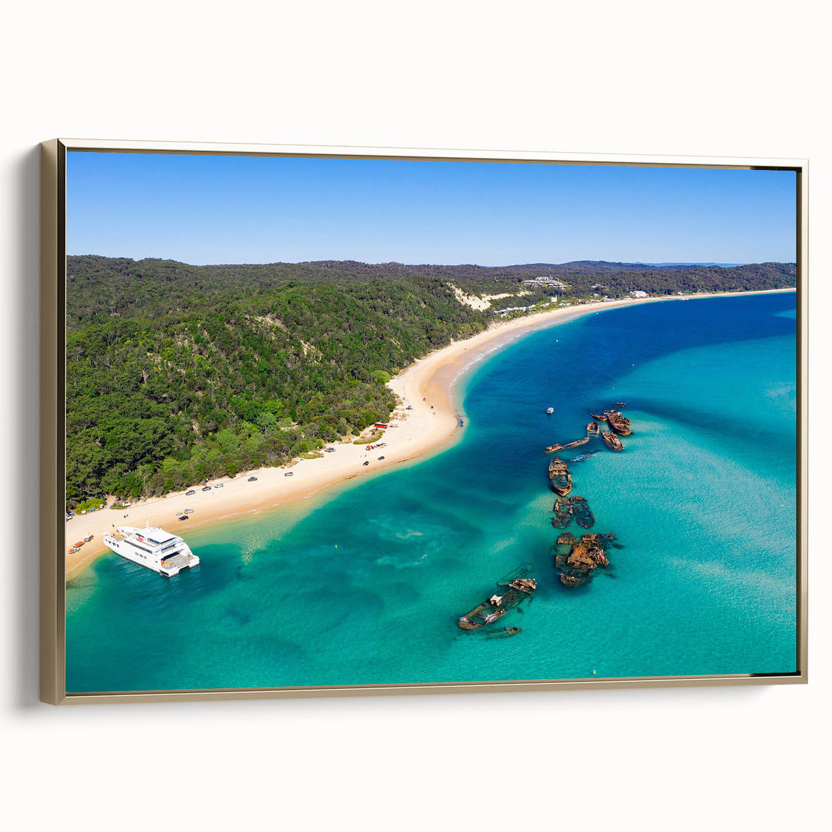 Framed canvas landscape painting of Brisbane, featuring a vintage-style design with black and colorful elements.