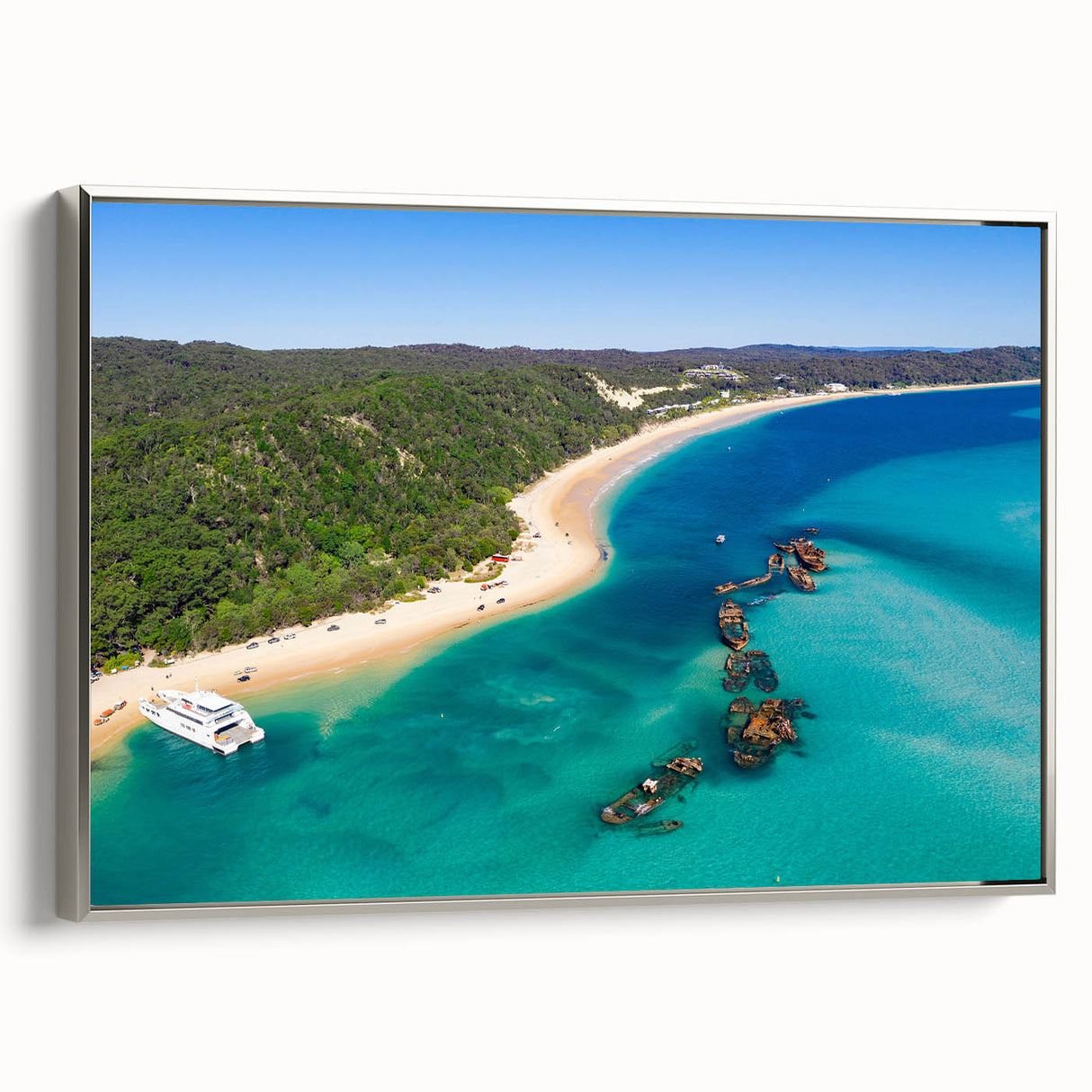 Vintage poster art of Brisbane skyline in colorful hues on extra large framed canvas, suited for living room decor.