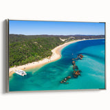 Vintage poster art of Brisbane skyline in colorful hues on extra large framed canvas, suited for living room decor.