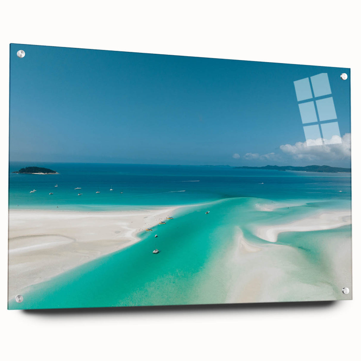 Acrylic print of the Great Barrier Reef in vibrant blue and green tones, suitable for bedroom or dining room decor.