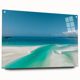 Acrylic print of the Great Barrier Reef in vibrant blue and green tones, suitable for bedroom or dining room decor.