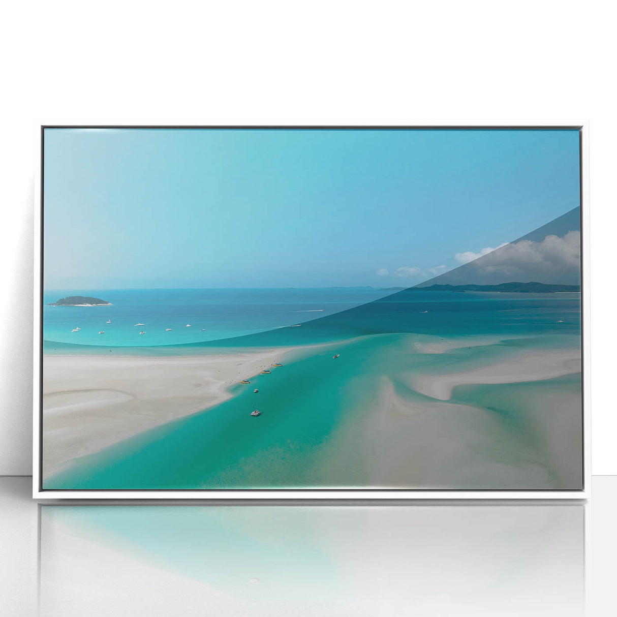 Large art print of the Great Barrier Reef in a mid-century modernist style, framed in white acrylic.