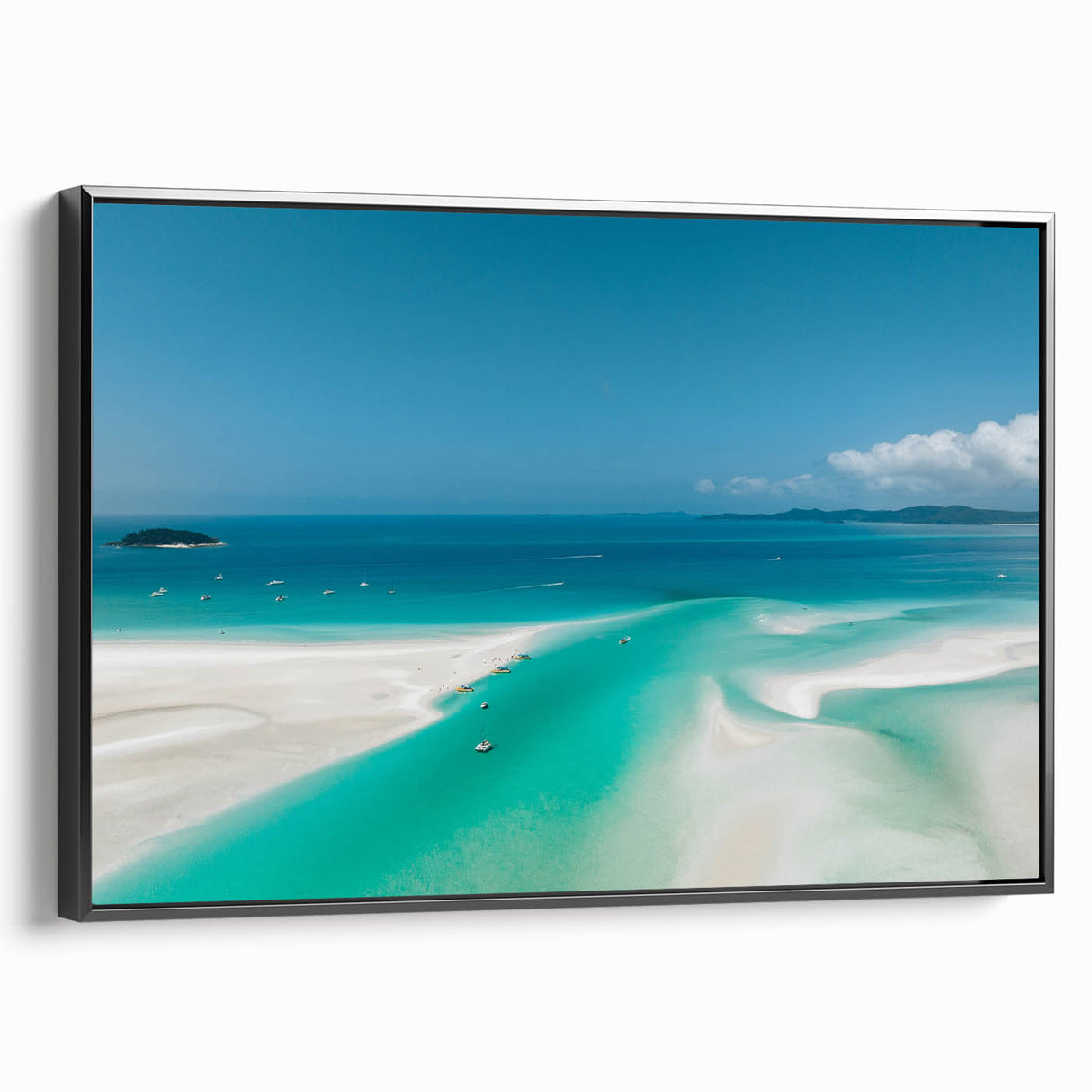 Black and white framed canvas of the Great Barrier Reef, ideal for bedroom wall art in a vintage poster style.