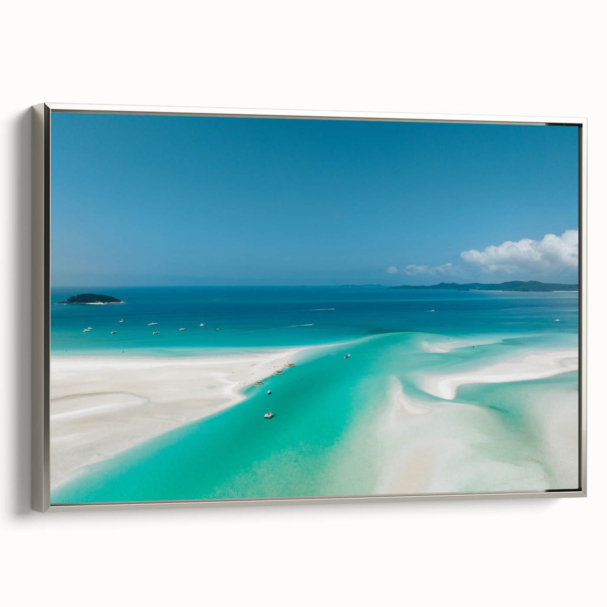 Vintage poster art of the Great Barrier Reef on a framed canvas, featuring a vibrant color palette.
