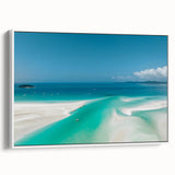 Framed canvas featuring a landscape painting of the Great Barrier Reef in muted blue and green tones.