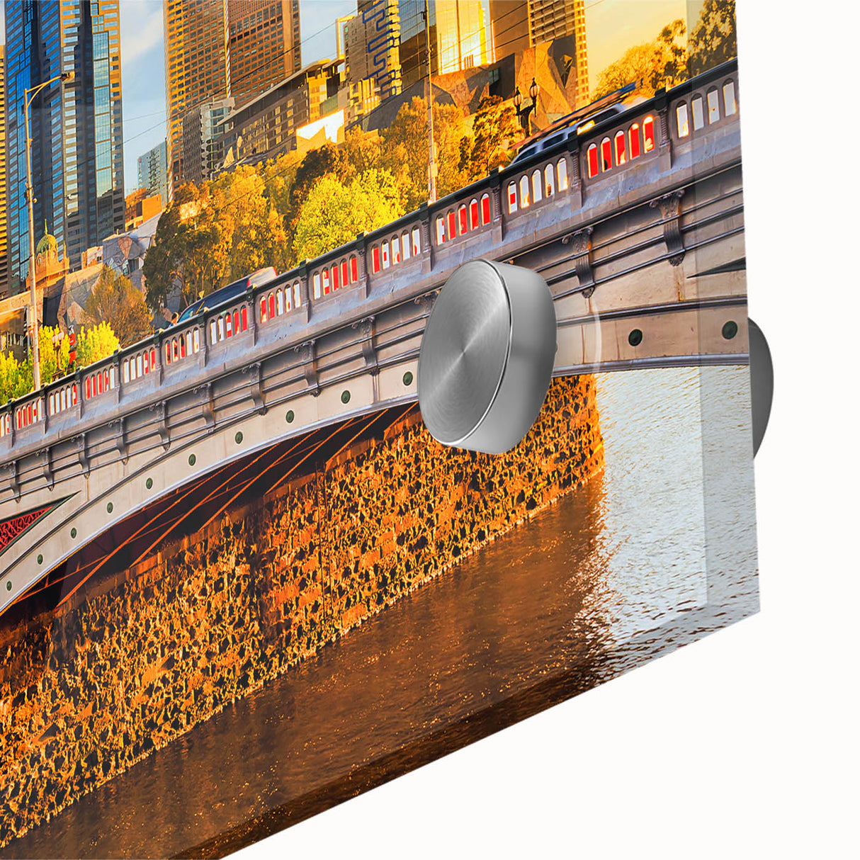 Large abstract wall art depicting the Melbourne skyline in muted gray and blue tones on acrylic glass.