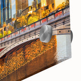 Large abstract wall art depicting the Melbourne skyline in muted gray and blue tones on acrylic glass.
