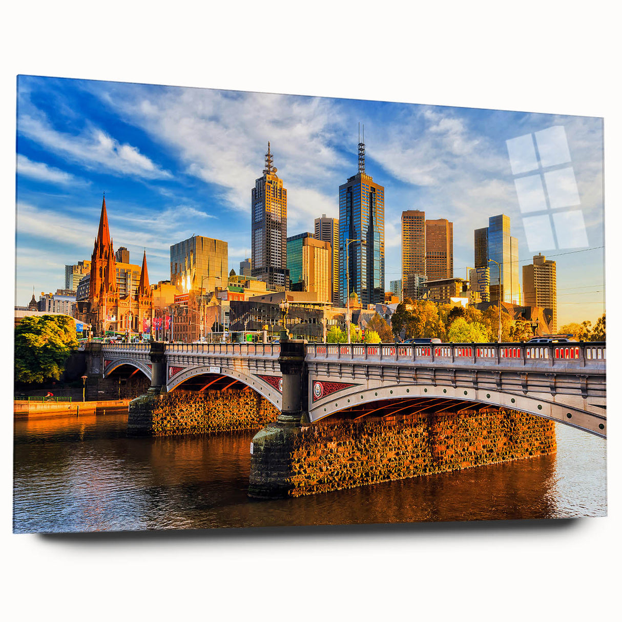 Large abstract depiction of Melbourne skyline in muted blue and gray on acrylic glass, ideal for bedroom or dining room art.