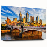 Large abstract depiction of Melbourne skyline in muted blue and gray on acrylic glass, ideal for bedroom or dining room art.