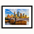 Abstract art print of Melbourne, featuring a textured mix of vibrant colors on a large framed canvas.