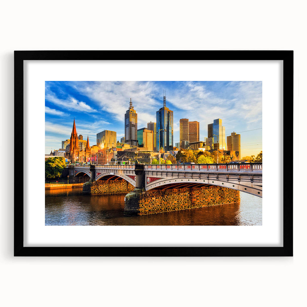 Abstract art print of Melbourne, featuring a textured mix of vibrant colors on a large framed canvas.