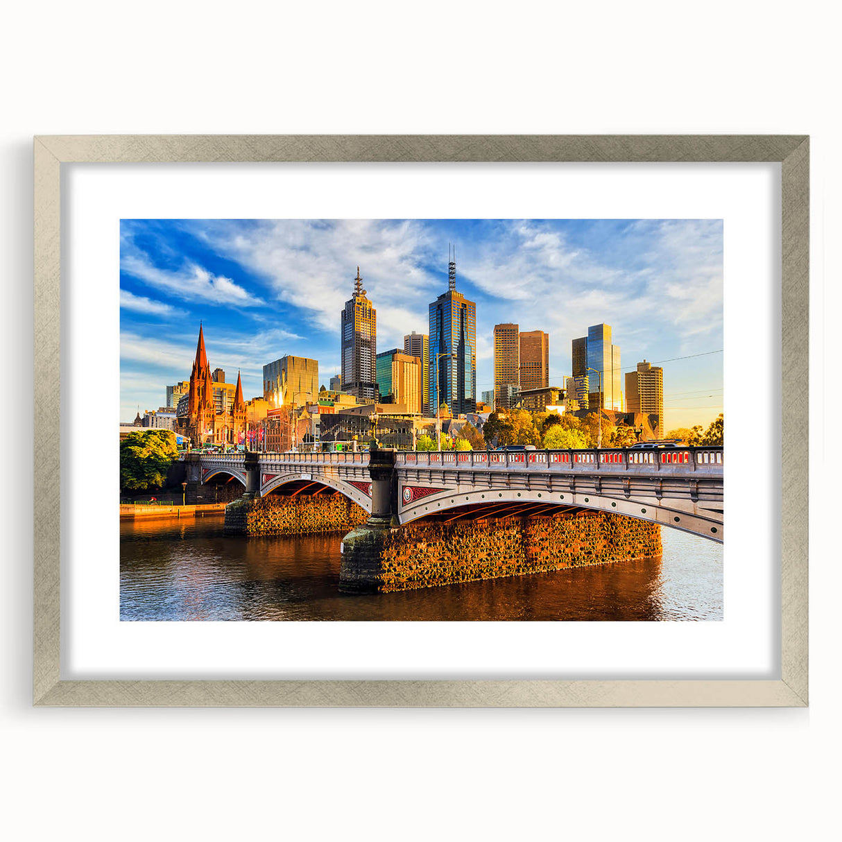 Abstract art print of Melbourne scenery in muted silver and gray tones on a framed canvas.