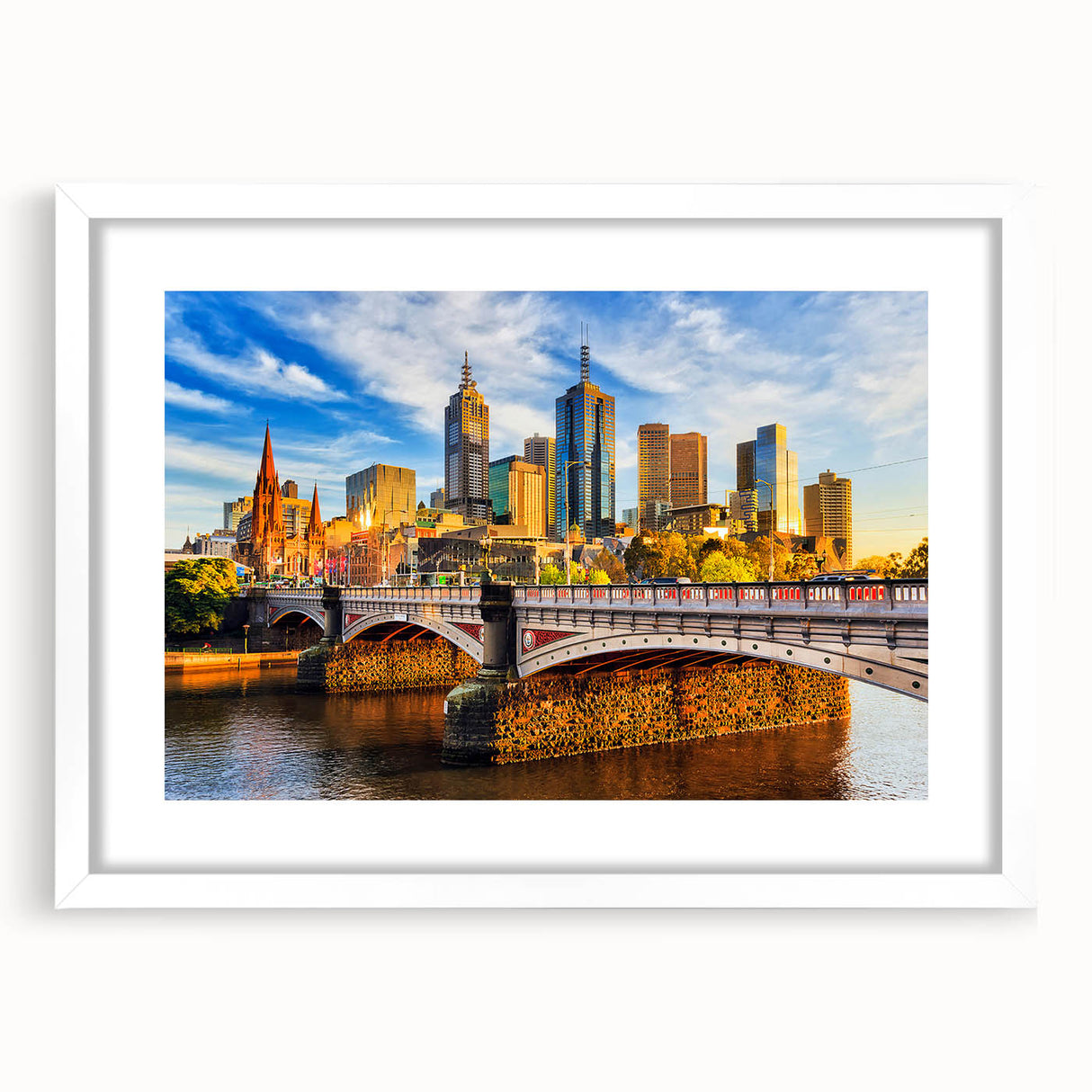 Abstract art print of Melbourne skyline in textured hues of blue and gray on a large framed canvas.