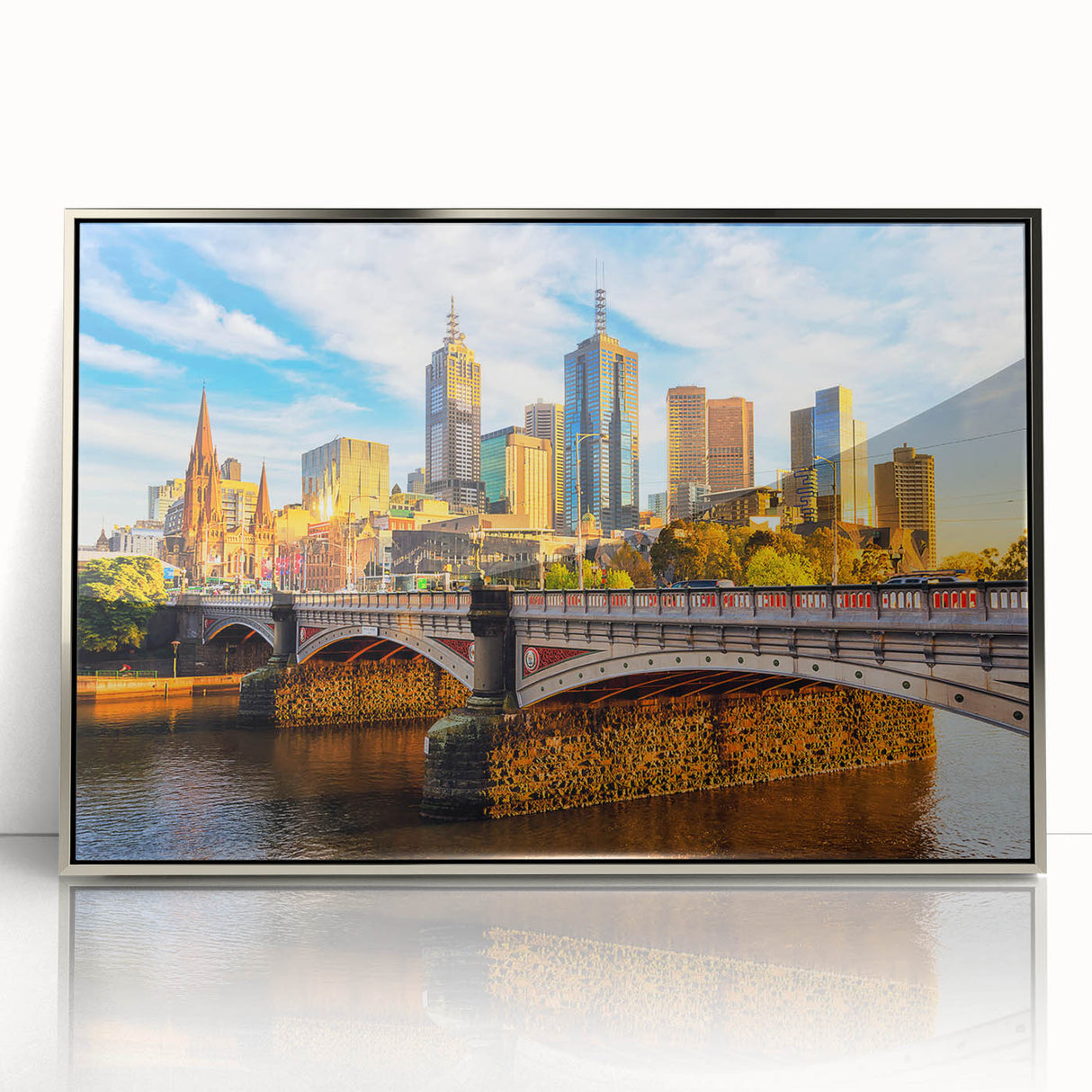 Art Deco style Melbourne skyline in muted silver tones on framed acrylic, suitable for modern art wall decor.
